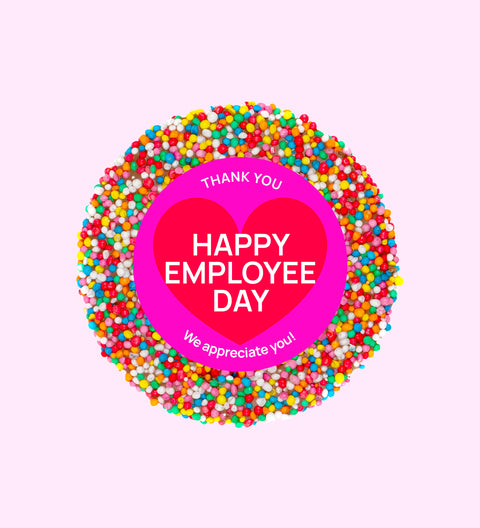 Creamy Belgian milk chocolate topped with colourful sprinkles with Happy Employee Day design/label, a sweet way to thank and celebrate the men in your life.