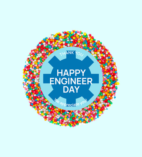 Creamy Belgian milk chocolate topped with colourful sprinkles with Happy Engineer Day desing/label - a sweet way to thank and celebrate.