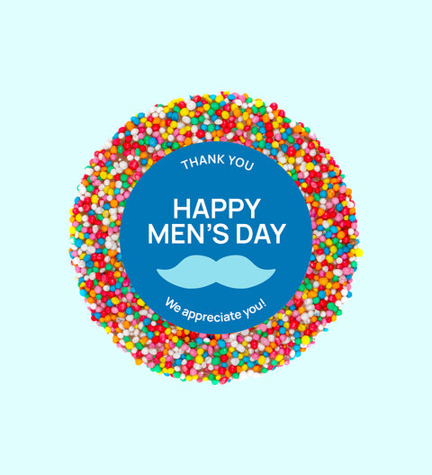 Creamy Belgian milk chocolate topped with colourful sprinkles with Happy Men's Day design/label, a sweet way to thank and celebrate the men in your life.