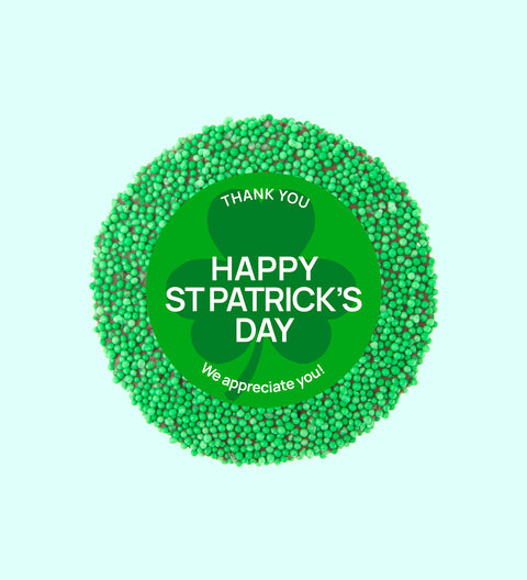 Creamy Belgian chocolate (available in 3 variants - dark, milk or white) topped with vibrant green sprinkles with "Happy St. Patrick's Day" design/label -  a fun and festive treat to celebrate St. Patrick’s Day.