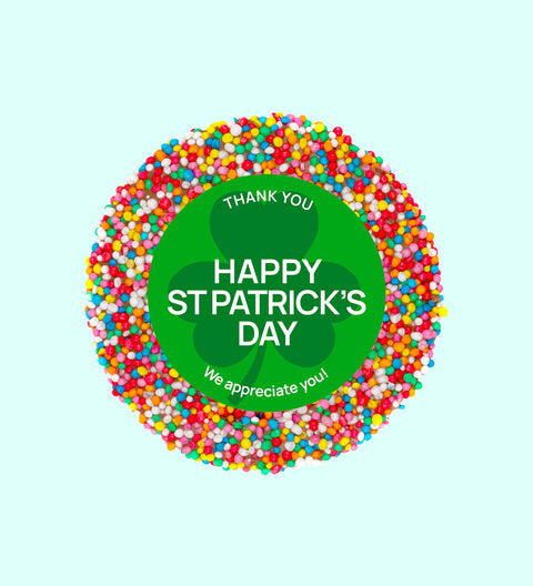 Creamy Belgian chocolate (available in 3 variants - dark, milk or white) topped with colourful multi sprinkles with "Happy St. Patrick's Day" design/label -  a fun and festive treat to celebrate St. Patrick’s Day.