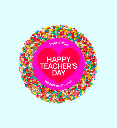 Creamy Belgian chocolate (available in 3 variants - dark, milk or white) topped with colourful multi sprinkles - a sweet way to thank and celebrate teachers.