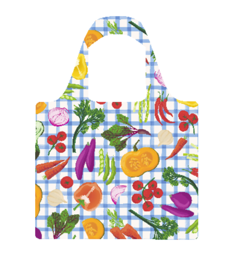 Harvest Party Reusable Shopping Bag Ruby Olive - Reusable shopping bag with vegetable pattern on a blue checkered background