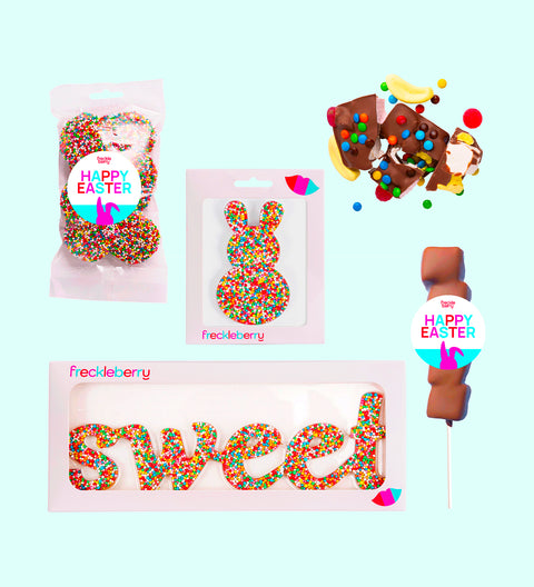 Gift Box filled with premium Belgian chocolate treats in fun festive shapes – the perfect gift for family and friends. Inclusions: 

45g Milk Chocolate Mallow Pop
150g Fun Rocky Road
130g Milk Chocolate Freckles
60g Chocolate “Sweet” Word
40g Freckle Bunny