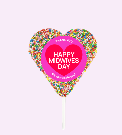 Premium Belgian chocolate (available in 3 variants - dark, milk or white) heart pop topped with colourful sprinkles with "Happy Midwives Day" sticker. Perfect to celebrate and honour our wonderful midwives.