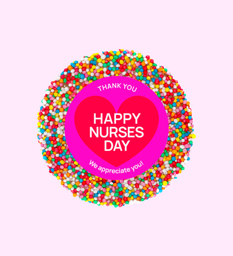 Creamy Belgian chocolate (available in 3 variants - dark, milk or white) topped with colourful multi sprinkles and wrapped with "Happy Nurses Day" design/label - a thoughtful treat to celebrate and thank nurses.