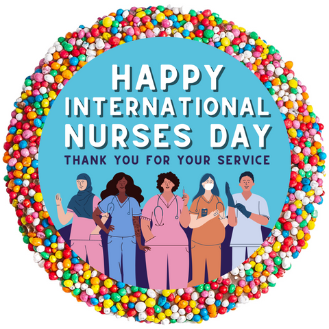 Creamy Belgian chocolate (available in 3 variants - dark, milk or white) topped with colourful sprinkles with "Happy International Nurses Day" design/label, a sweet way to celebrate and thank nurses on International Nurses Day.