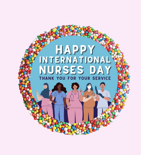 Creamy Belgian milk chocolate with colourful sprinkles with Happy International Nurses Day sticker, a sweet way to celebrate and thank nurses on International Nurses Day.