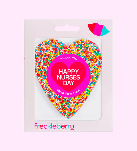 Creamy Belgian chocolate heart (available in 3 variants - dark, milk or white) topped with colourful sprinkles with "Happy Nurses Day" design/label, a thoughtful treat to honour and thank nurses.