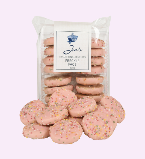 Buttery vanilla biscuits topped with creamy chocolate and colourful sprinkles, creating a fun and delicious treat.