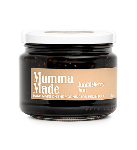A 300ml glass jar of Mumma Made Jumbleberry Jam with a white lid and a beige label, shown on a clean white background.