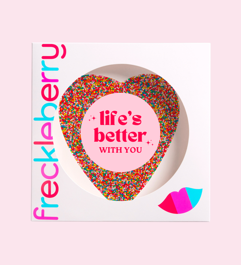 Freckleberry product with colorful sprinkles and 'life's better with you' text on a pink background