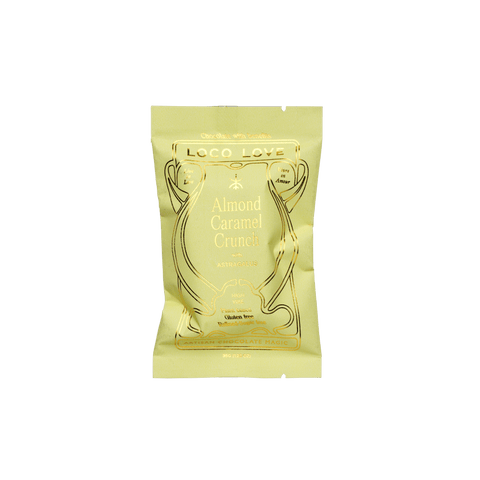 Gold packaging of Loco Love Almond Caramel Crunch on a black background