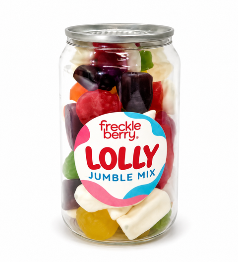 Yummy Lolly Jumble in a clear plastic can