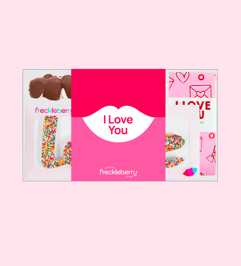 Love Gift Box, filled with premium Belgian chocolate treats with I Love You label – a sweet way to share love and appreciation. Inclusions: 

45g Milk Chocolate Mallow Pop
150g White Rocky Road
100g Milk Chocolate Message Block
60g Chocolate “Love” Word
40g Freckle Heart