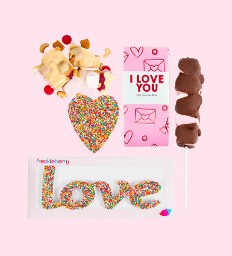 Love Gift Box, filled with premium Belgian chocolate treats – a sweet way to share love and appreciation. Inclusions: 

45g Milk Chocolate Mallow Pop
150g White Rocky Road
100g Milk Chocolate Message Block
60g Chocolate “Love” Word
40g Freckle Heart