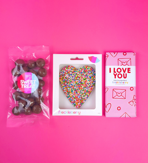 Handcrafted Belgian chocolate heart, block & raspberries, beautifully wrapped & ready to gift. Inclusions:

Milk Chocolate-coated Raspberries
Freckle Heart
I Love You Premium Belgian Chocolate Block