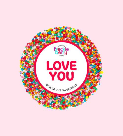 Delicious Belgian chocolate (available in 3 variants - dark, milk or white) topped with colourful sprinkles and a sweet “Love You” message, perfect for gifting.