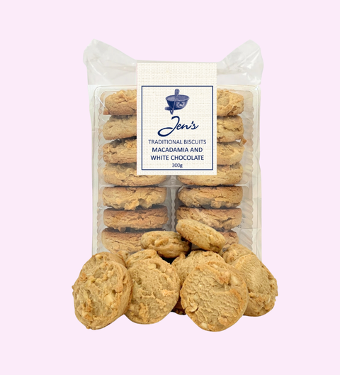 Macadamia & White Chocolate Cookies made with premium ingredients, crunchy macadamias and creamy white chocolate. Freshly baked in Australia.