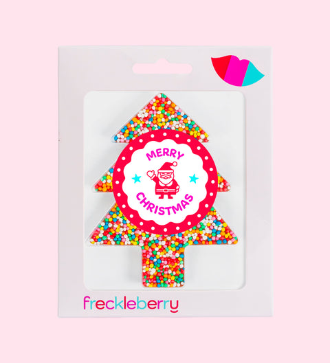Festive chocolate Christmas tree with 'Merry Christmas' text and colorful sprinkles on a white card, branded 'freckleberry'.