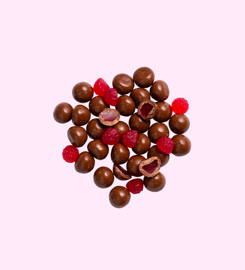 Tangy raspberries covered in smooth premium Belgian milk chocolate – a deliciously fruity treat.