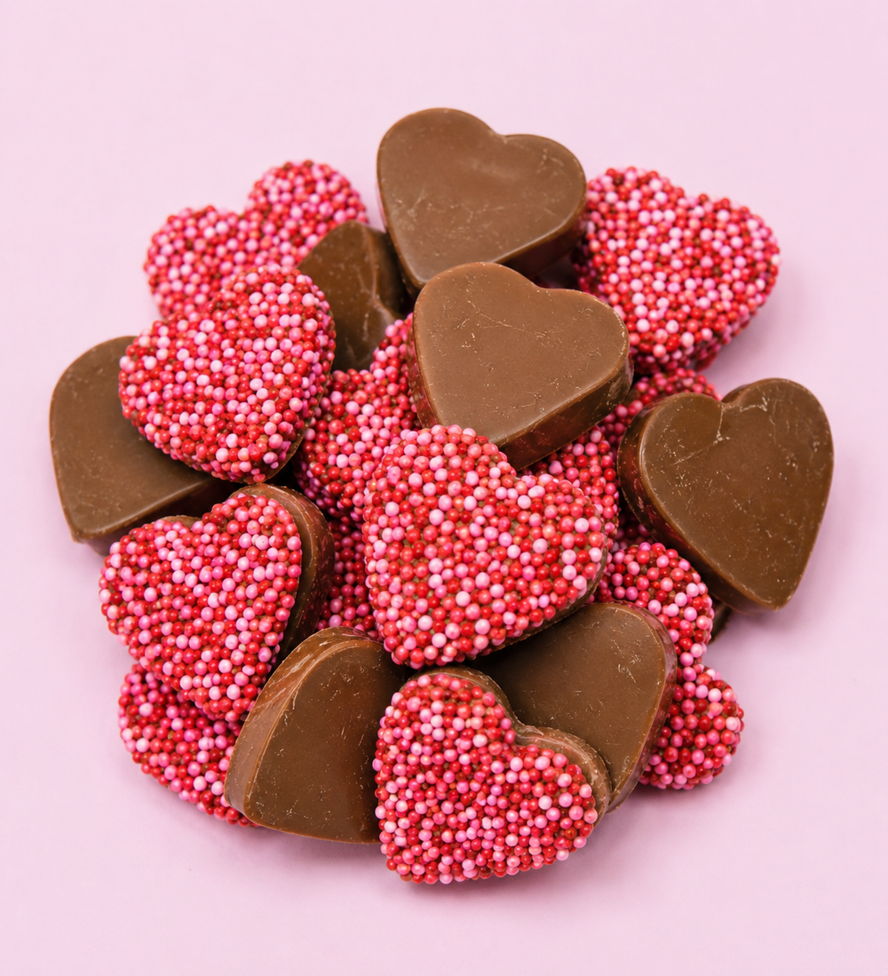 Chocolate heart-shaped candies with pink and red sprinkles on a pink background