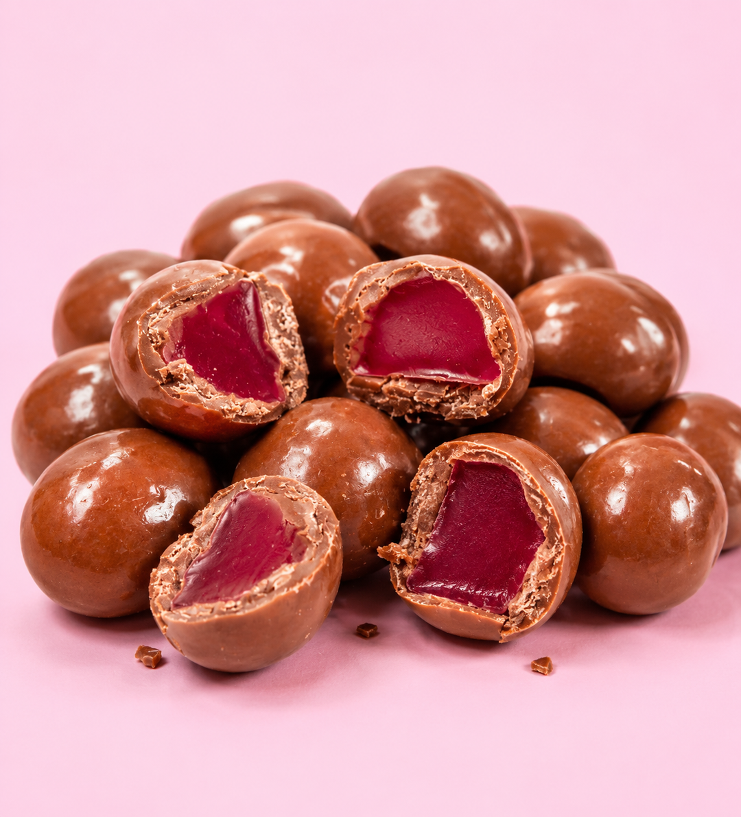 Candy Raspberry Powder Coat Milk Chocolate Coated Raspberries – Freckleberry Chocolate Factory