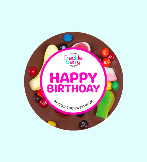 Premium Belgian chocolate (available in 3 variants - dark, milk or white) topped with a fun mix of colourful lollies and a 'Happy Birthday' sticker on packaging – a sweet treat perfect for gifting or indulging.