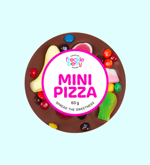 Premium Belgian milk chocolate mini pizza topped with a fun mix of colourful lollies – a sweet treat perfect for gifting or indulging.