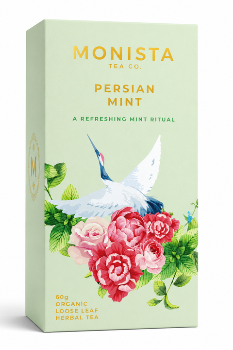 Monista Tea Co. Persian Mint tea box with floral design on a light green box, loose leaf, refill, gifting, present, winter, warm. 
