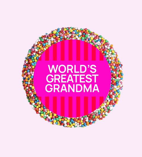Creamy Belgian chocolate (available in 3 variants - dark, milk or white) topped with colourful multi sprinkles, personalised with “World's Greatest Grandma” for a loving gift.