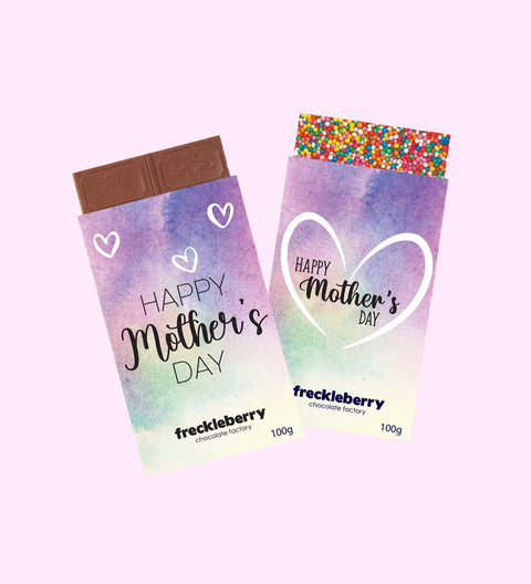 Premium Belgian chocolate in a variety of flavours (plain milk, dark or white and freckled milk, dark or white), wrapped in beautiful Mum sleeves with Happy Mother's Day design – the perfect Mother’s Day gift.