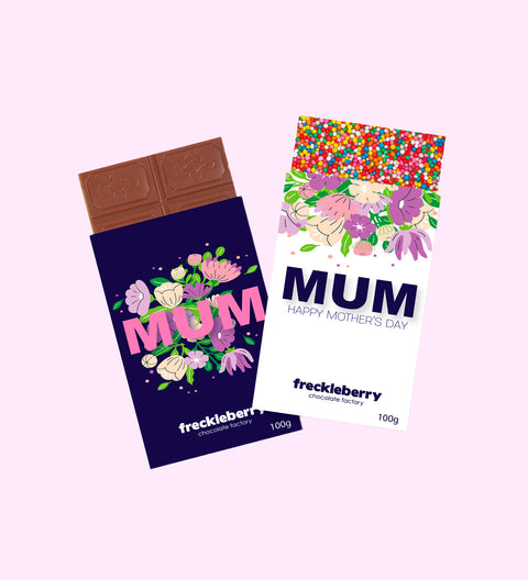Premium Belgian chocolate in a range of delicious flavours (plain or freckle), each wrapped in a beautiful floral Mum sleeve  – a perfect Mother’s Day gift.