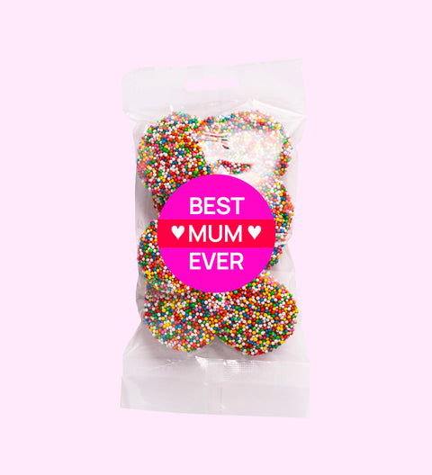 Indulgent dark chocolate freckles, made from premium Belgian chocolate and topped with colourful sprinkles with Best Mum Ever sticker. A delicious way to show your love and appreciation.