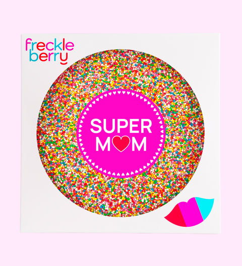 Premium giant Belgian chocolate freckle topped with colourful sprinkles with Super Mum sticker – a sweet and cheerful Mother’s Day gift she’ll love.