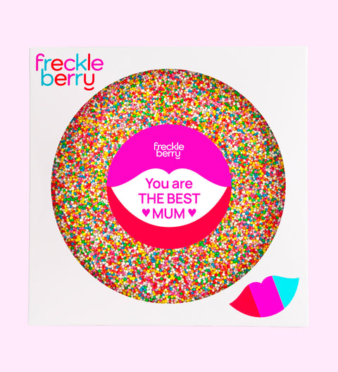 Premium giant Belgian chocolate freckle topped with colourful sprinkles with You are the Best Mum sticker – a sweet and cheerful Mother’s Day gift she’ll love.