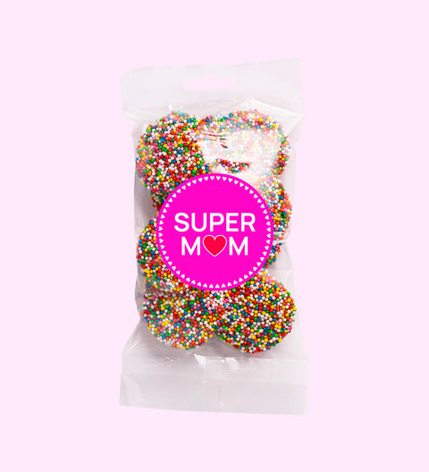 Smooth premium Belgian milk chocolate topped with colourful sprinkles with Super Mum sticker, a sweet way to show your love.