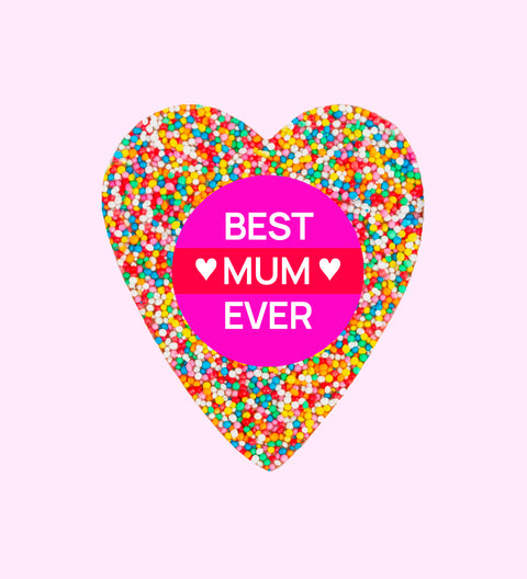 Creamy Belgian chocolate heart (available in 3 variants - dark, milk or white) topped with colourful sprinkles, personalised with "Best Mum Ever" sticker/label for a thoughtful gift.