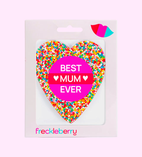 Creamy Belgian chocolate heart (available in 3 variants - dark, milk or white) topped with colourful sprinkles, personalised with "Best Mum Ever" sticker/label for a thoughtful gift.