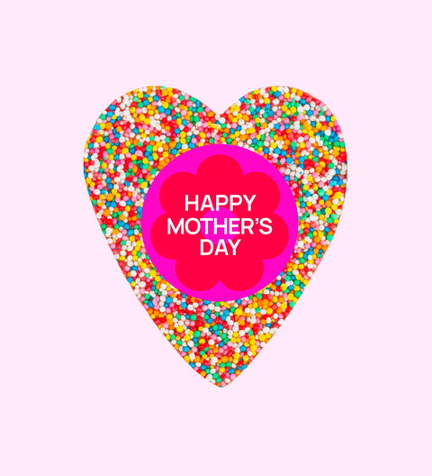 Creamy Belgian chocolate heart (available in 3 variants - dark, milk or white) topped with colourful sprinkles, personalised with "Happy Mother's Day" sticker/label for a thoughtful gift.
