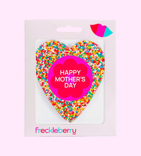 Creamy Belgian chocolate heart (available in 3 variants - dark, milk or white) topped with colourful sprinkles, personalised with "Happy Mother's Day" sticker/label for a thoughtful gift.