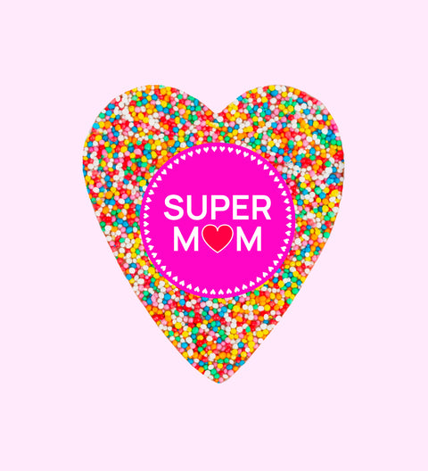 Creamy Belgian chocolate heart (available in 3 variants - dark, milk or white) topped with colourful sprinkles, personalised with "Super Mum" sticker/label for a thoughtful gift.