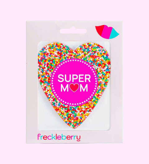 Creamy Belgian chocolate heart (available in 3 variants - dark, milk or white) topped with colourful sprinkles, personalised with "Super Mum" sticker/label for a thoughtful gift.