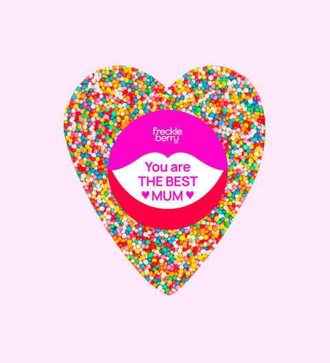 Creamy Belgian chocolate heart (available in 3 variants - dark, milk or white) topped with colourful sprinkles, personalised with "You are the Best Mum" sticker/label for a thoughtful gift.