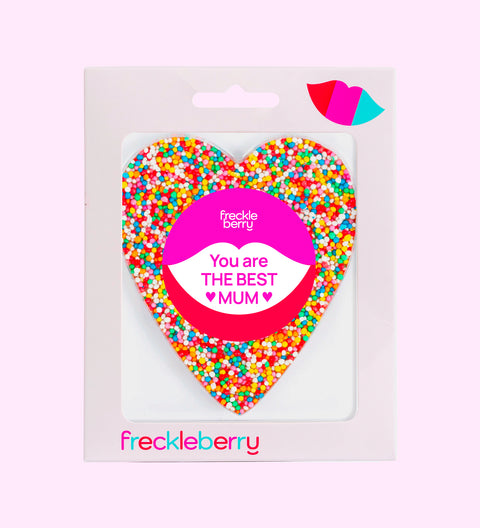 Creamy Belgian chocolate heart (available in 3 variants - dark, milk or white) topped with colourful sprinkles, personalised with "You are the Best Mum" sticker/label for a thoughtful gift.