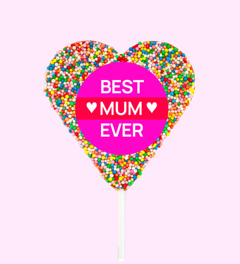 Creamy Belgian chocolate heart pop (available in 3 variants - dark, milk or white) covered in colourful sprinkles with "Best Mum Ever" design/label, a sweet and thoughtful gift to celebrate Mum.