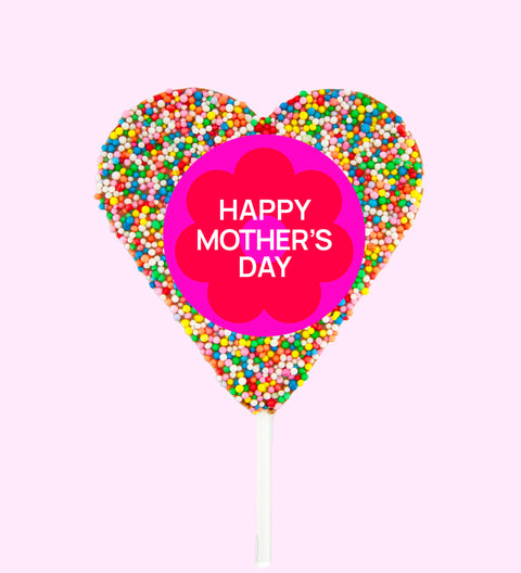 Creamy Belgian chocolate heart pop (available in 3 variants - dark, milk or white) covered in colourful sprinkles with "Happy Mother's Day" design/label, a sweet and thoughtful gift to celebrate Mum.