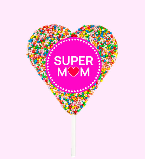 Creamy Belgian chocolate heart pop (available in 3 variants - dark, milk or white) covered in colourful sprinkles with "Super Mum" design/label, a sweet and thoughtful gift to celebrate Mum.