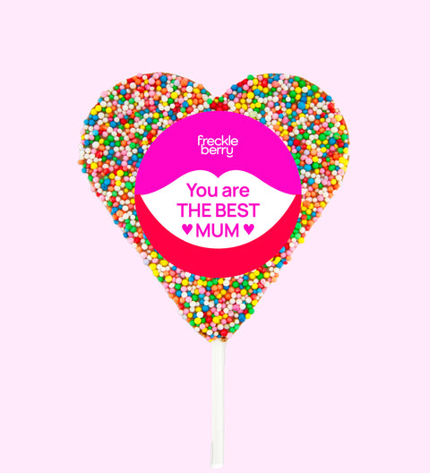 Creamy Belgian chocolate heart pop (available in 3 variants - dark, milk or white) covered in colourful sprinkles with "You are the Best Mum" design/label, a sweet and thoughtful gift to celebrate Mum.