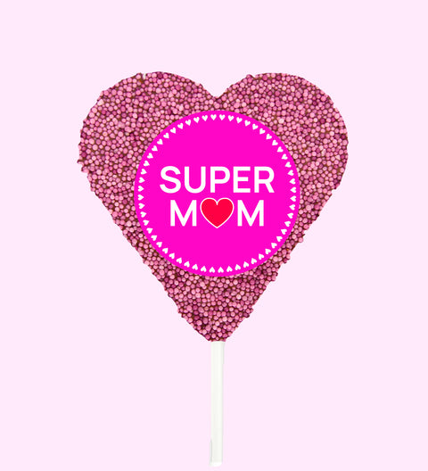 Creamy Belgian chocolate heart (available in 3 variants - dark, milk or white) covered in vibrant pink sprinkles with "Super Mum" design/label, the perfect sweet gift to show Mum your love.